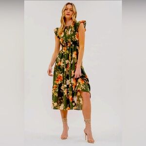 SMOCKED TIERED FLORAL MIDI DRESS